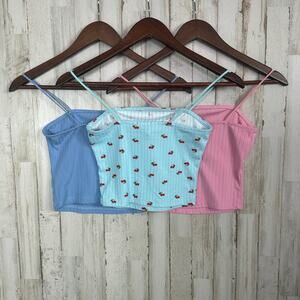 Rue 21 Spaghetti Tank Top Cropped 3 Set XS Small Pink Blue Cherries Y2K Festival